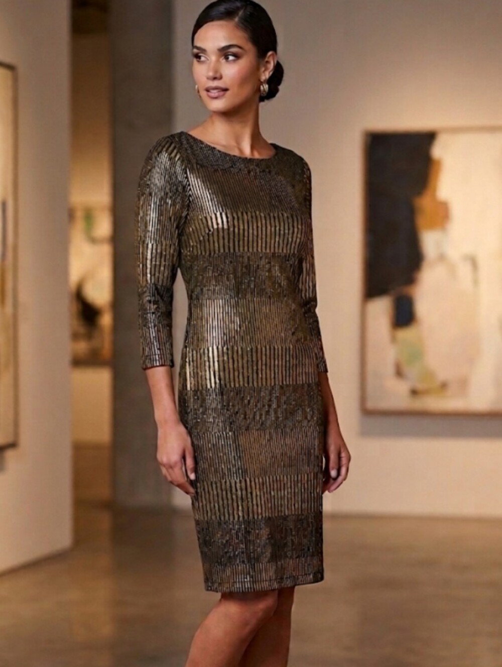 JH Evenings Metallic Gold Black Sheath Dress Size 4